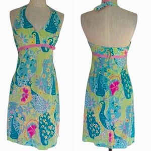 VTG. 80’S LILLY PULITZER SOUTHERN BELLE PEACOCK HALTER MINI DRESS SIZE 8